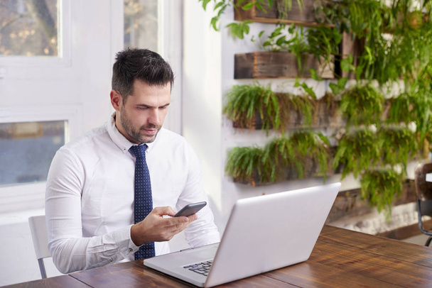Portrait of confident businessman wearing shirt and tie and text messaging while sitting at office and working on laptop. - Photo, Image
