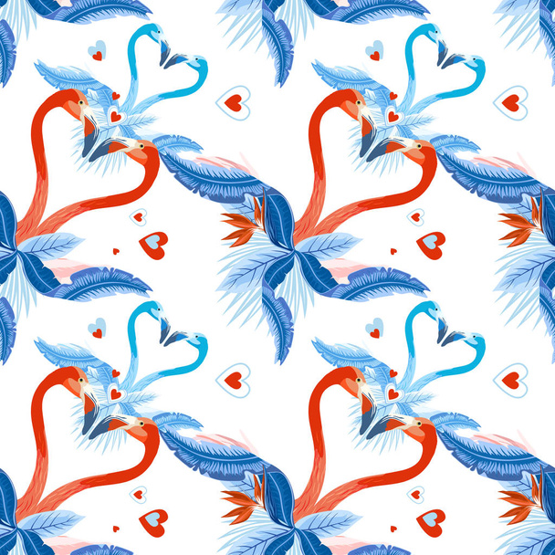 Vector seamless tropical pattern, Two flamingos in love and tropical palm leaves, plants, bird of paradise. Romantic Valentine's Day template. Pattern trend design. - Vector, afbeelding