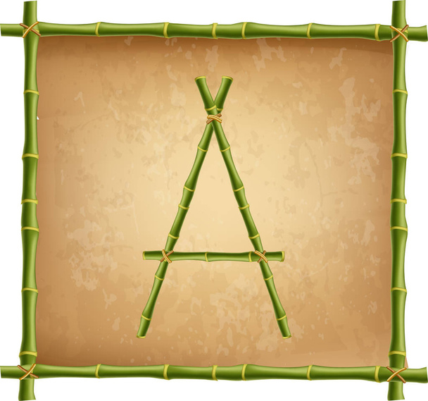 Vektor bambus abeceda. Písmeno A vyrobené z realistické zelené bambusové tyče a tyče na starý papír, papyrus, pergamenu nebo plátno pozadí. ABC koncept pro vytvoření slova, text, reklama, zprávy. - Vektor, obrázek
