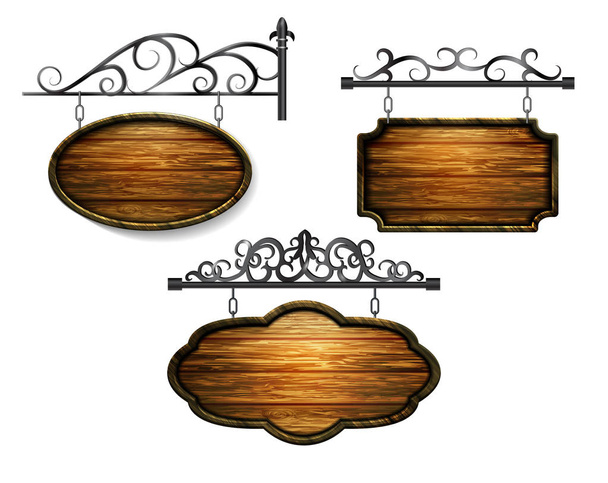 hanging, wooden Board set with beautiful forging vector, wooden object for text. - Vector, Image