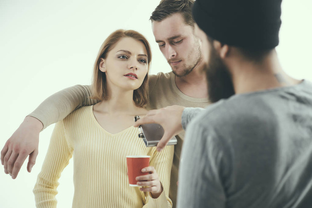 Cheers to love. Pretty woman and men enjoy drinking party. Friends drinking alcohol. Friends party. Alcohol addiction and drinking habits. Best friends celebrate with alcoholic drinks - 写真・画像