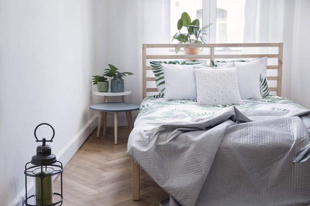Modern scandinavian sunny bedroom with plants , floral pattern bedding and pilows. Space with white walls and brown wooden parquet.  - Foto, Bild