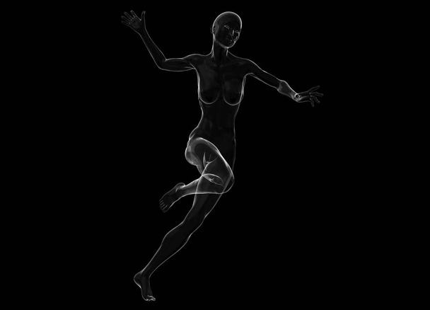 Slim attractive sportswoman made of glass or soap bubble running against a black background. 3d illustration - Fotoğraf, Görsel