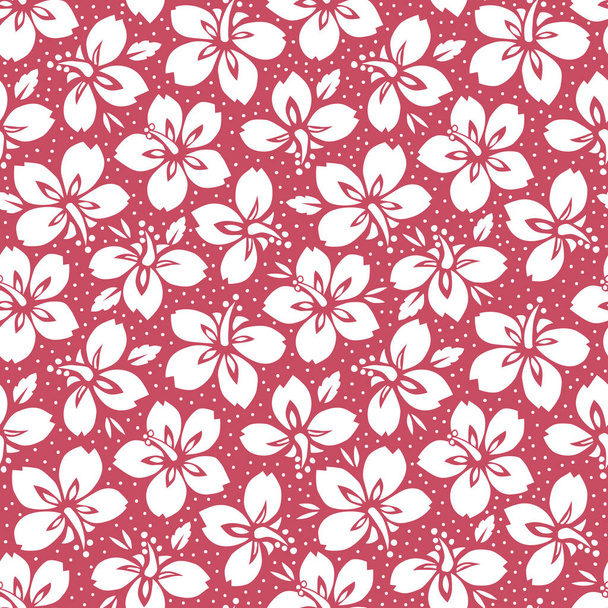 White Tropical Exotic Foliage, Hibiscus Floral Vector Seamless Pattern. Lush Tropical Blooms on Red Background - Vector, imagen