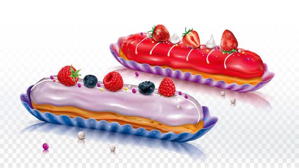 Two Eclair cake, log shaped pastry with icing and berries. Vector mesh illustration - Vector, Image