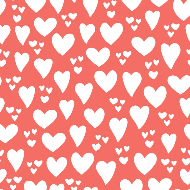 心のシームレスなベクトル パターンの背景。手描きの心を分離サンゴ赤、白。カード、招待状、アルバム、スクラップ ブック、包装紙、布、バレンタインの日の子供のための使用 - ベクター画像