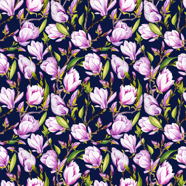 Seamless pattern with magnolia flowers. Watercolor illustration on dark blue background. - Foto, immagini