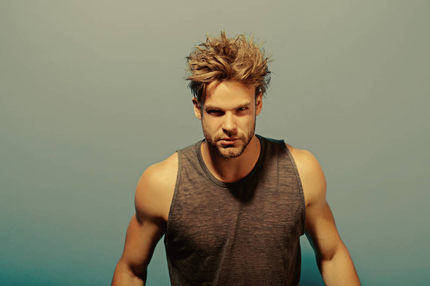Hair concept. Handsome man with messy hair. Young guy need comb blond hair. Hair salon - Fotoğraf, Görsel