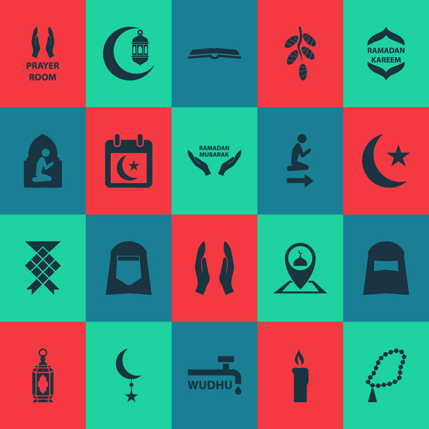 Icone natalizie con calendario, camera namaz, wudhu e altri elementi in cera di fuoco. Isolato illustrazione vacanze icone
. - Foto, immagini