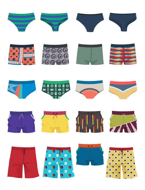 一連の男子水泳パンツ、パンツ、ショート パンツ、異なるモデル、美しいビーチ、日常の服白い背景の分離.  - ベクター画像