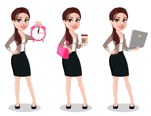 Деловая женщина в обычной одежде, набор из трех поз. Красивая деловая женщина мультфильм персонаж держит будильник, держит кофе и ноутбук. Векторная иллюстрация
 - Вектор,изображение
