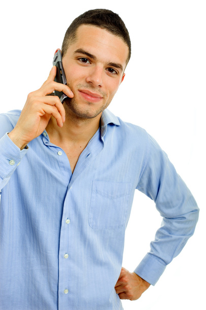 Молодой случайный человек на телефоне, изолированный от белого
 - Фото, изображение
