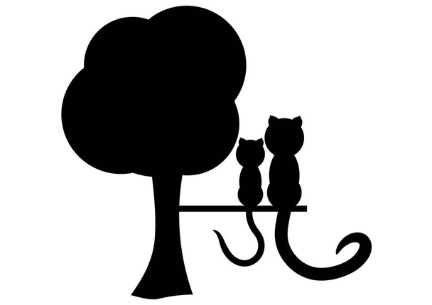 Καρτούν εικονογράφηση μιας γάτας που κάθεται σε ένα δέντρο. Πρόκειται για μια μαύρη σιλουέτα. Το φόντο είναι λευκό. - Διάνυσμα, εικόνα