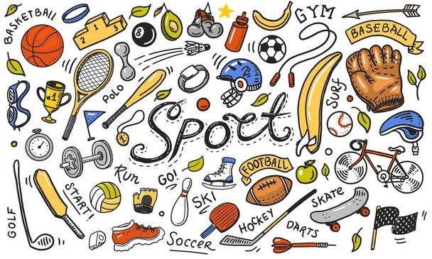 Set of sport icons doodle style. Equipment for fitness and training. Symbols of health and activity. Tennis and football, basketball. Games for the gym and physical education. Background for web site. - Vector, Image
