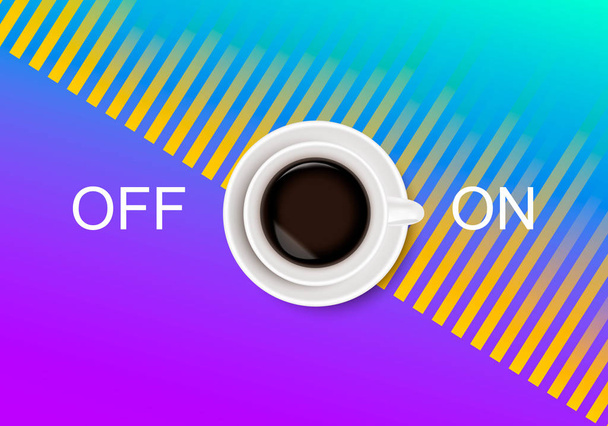 A realistic cup of coffee and abstract On Off switcher on bright blue and purple background with sound wave equalizer. - Vector, Image