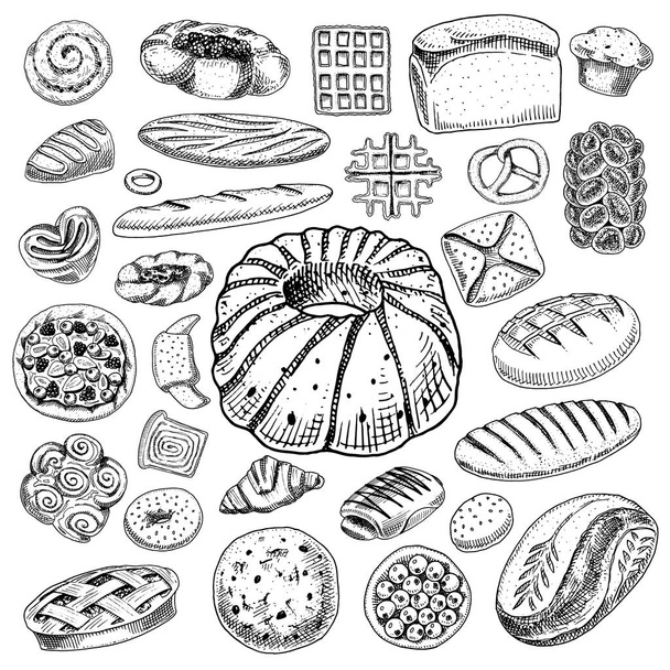 Set of Bakery and pastry products. Bread and pie, buns and cakes. Pastry. Engraved hand drawn vintage style. Doodles for menu. Color food. Collection of Elements. - Vector, imagen