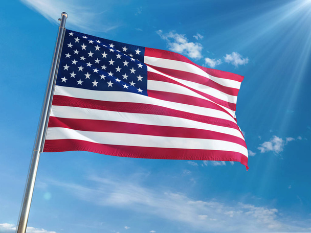 United States National Flag Waving on pole against sunny blue sky background. High Definition - Foto, Imagen