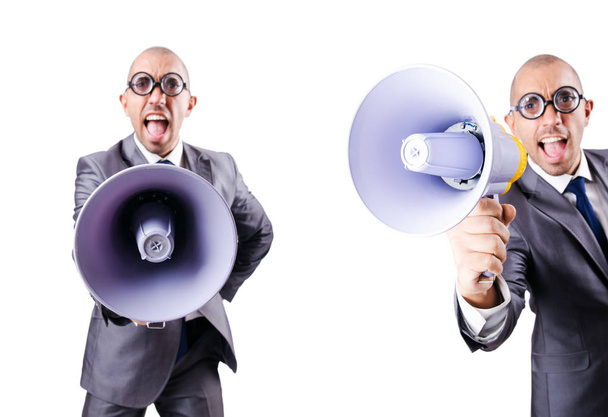 Funny man with loudspeaker on white - Photo, Image