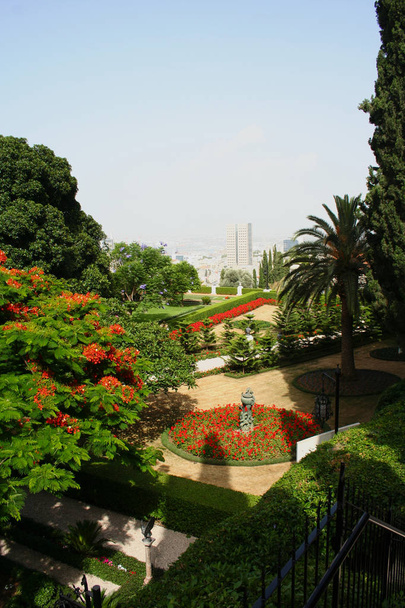 イスラエル、ハイファのバハイ庭園のある風景 - 写真・画像