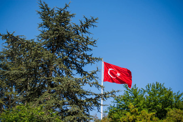 Turkish national flag hang on a pole in open air - Photo, Image