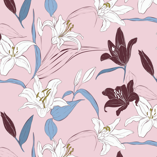 Vector floral lily pattern. Spring hand drawn botanical exotic background. Flora leafs texture.  Pink blue violet elements - Vecteur, image