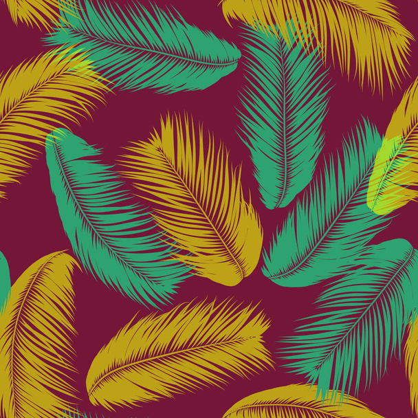 Vector Feathers. Tropical Seamless Pattern with Exotic Jungle Plants. Coconut Tree Leaf. Simple Summer Background. Illustration EPS 10. Vector Feathers Silhouettes or Hawaiian Leaves of Palm Tree. - Wektor, obraz