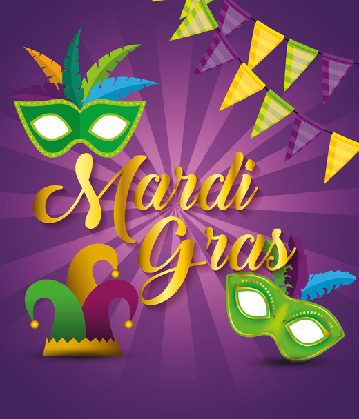 partij banner met maskers en hoed aan mardi gras - Vector, afbeelding