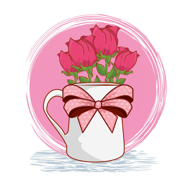 roses plants inside cup with ribbon bow - Vector, Image