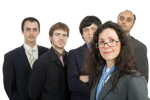 Equipe de negócios, isolado em branco, foco na mulher
 - Foto, Imagem