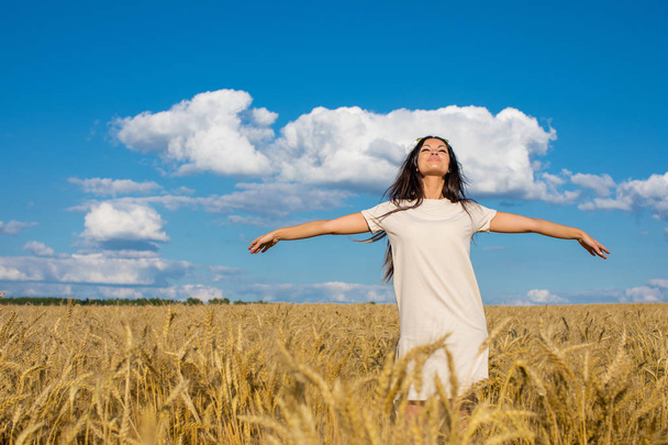 Portrait of a young brunette woman on a background of golden wheat field, summer outdoors - Φωτογραφία, εικόνα