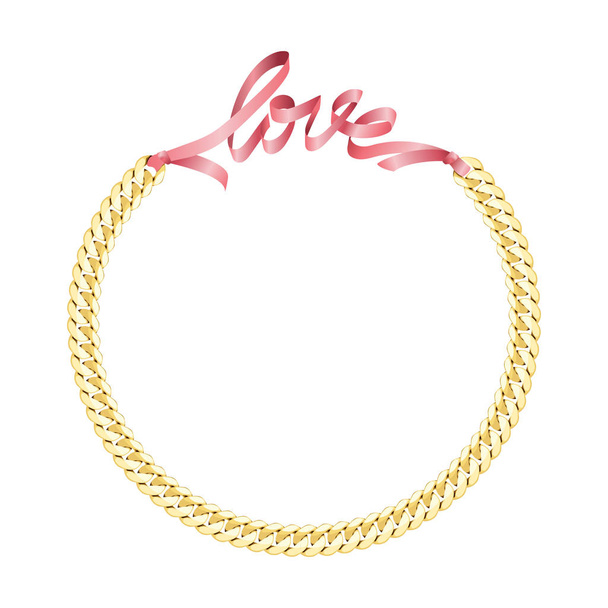 Love fashion print with gold chain and pink ribbon. Velentines and wedding romantic pattern and frame with lettering for textile and tshirt prints, greeting cards with text place. - Vektor, Bild