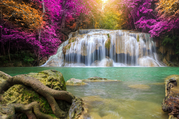 Waterfalls In Deep Forest at Erawan Waterfall in National Park Kanchanaburi Thailand - Photo, Image