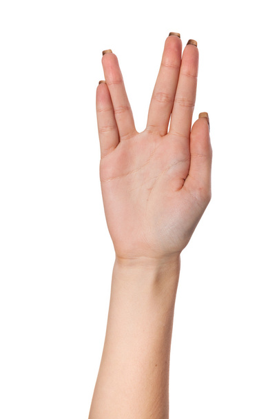 Paume femelle main geste vulcain, isolé sur blanc
 - Photo, image
