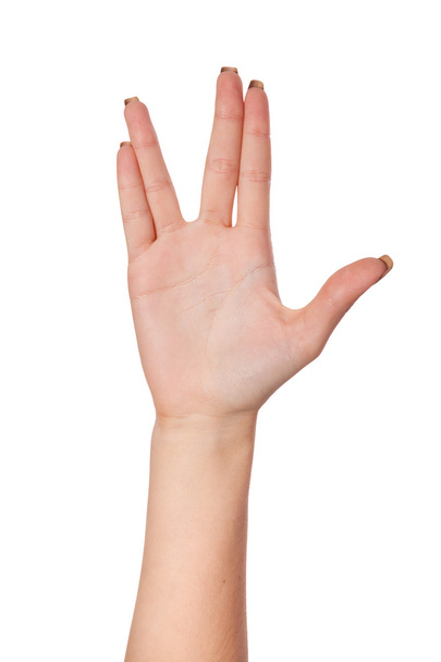 Жіноча долоня вульгарний жест, ізольований на білому
 - Фото, зображення