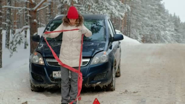 nő a szalma autó az úton, télen - Felvétel, videó