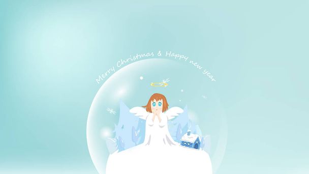Feliz Navidad y feliz año nuevo, bendición del ángel lindo en bola brillante, tarjeta de felicitación de decoración de vacaciones de invierno, ilustración del vector de póster
 - Vector, imagen