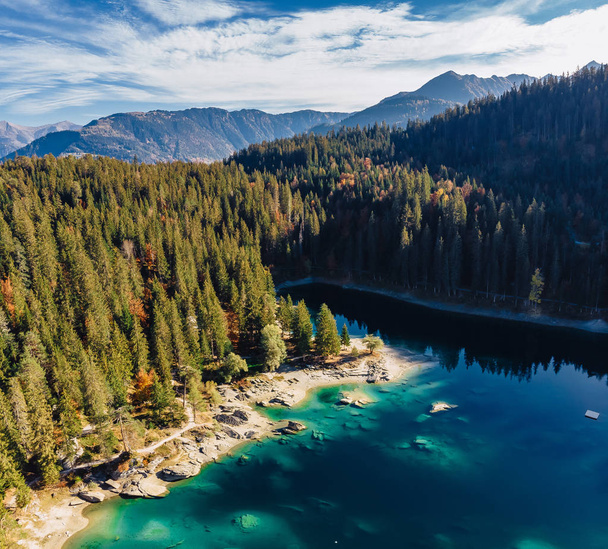 Flims caumasee lake at Switzerland drone aerial, alpine mountains, sunny, summer landscape, blue water square panorama - Photo, Image