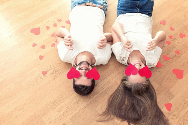 Loving couple with red hearts - Foto, Imagem