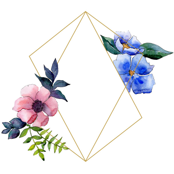 Bouquet floral botanical flowers. Watercolor background illustration set. Frame border ornament square. - Foto, imagen
