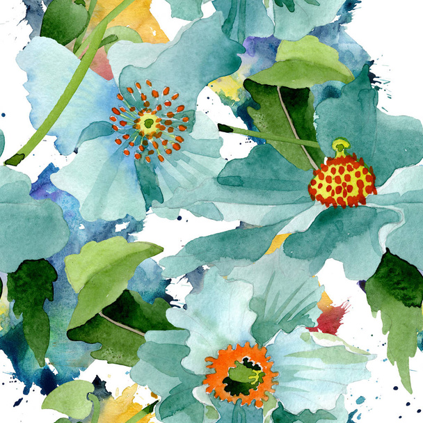 Blue poppy floral botanical flower. Watercolor background illustration set. Seamless background pattern. - Foto, Imagem