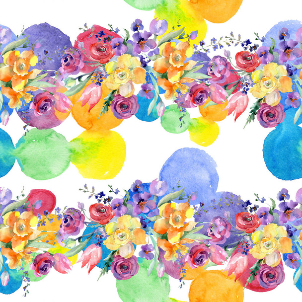 Yellow and red bouquet floral botanical flowers. Watercolor background illustration set. Seamless background pattern. - Foto, Imagem