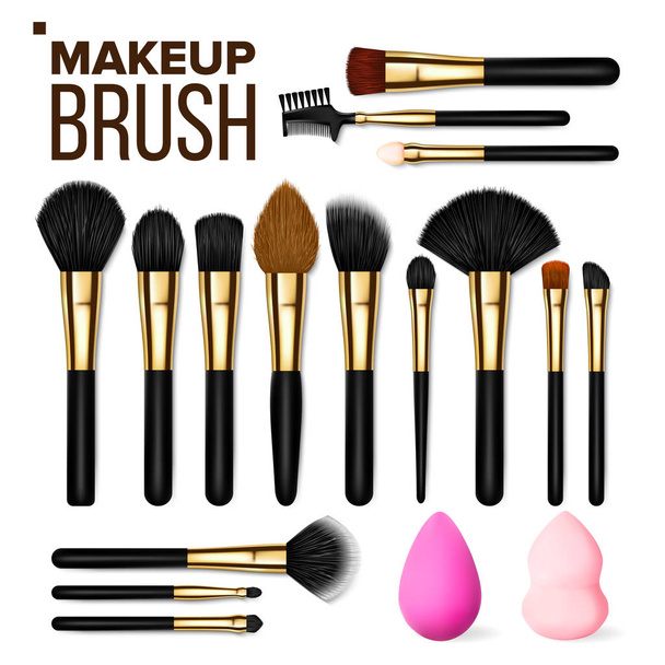Makeup Brush Set Vector. Cosmetic Beauty Tools. Professional Woman Facial Equipment. Female Accessory. Realistic Isolated Illustration - Wektor, obraz