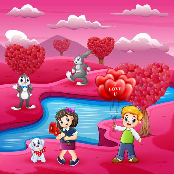 Childrens cartoons celebrate valentine day with many animal - Vector, Image