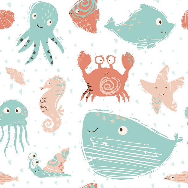 Sea baby cute seamless pattern. Octopus, dolphin, jellyfish, seahorse, starfish, crab, snail, whale print - Вектор,изображение