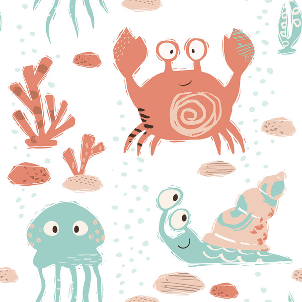 Sea baby cute seamless pattern. Sweet crab, snail, jellyfish, corals print - Вектор,изображение
