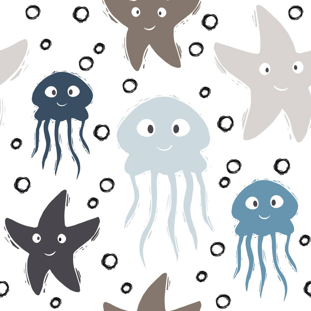Sea baby cute seamless pattern. Sweet jellyfish, starfish and bubbles print - Вектор,изображение