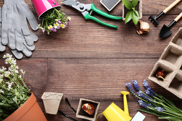 Garden tools with flowers on brown wooden table - Foto, afbeelding