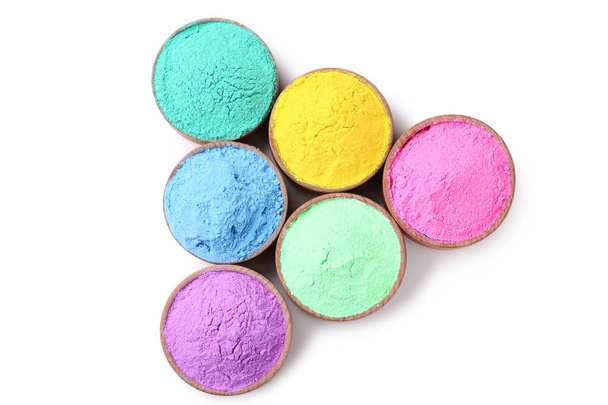 Colorful holi powder in bowls on white background - Φωτογραφία, εικόνα