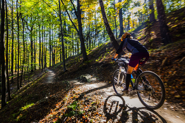 Kerékpározás, lovaglás kerékpár tavaszi nyári hegyek erdei táj nő. Nőt Mtb áramlás nyomvonal kerékpárúton. Szabadtéri sport tevékenység. - Fotó, kép