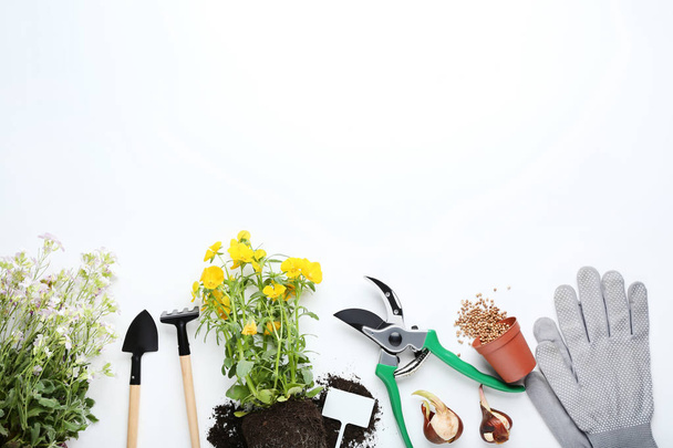 Garden tools with flowers on white background - Foto, Imagen